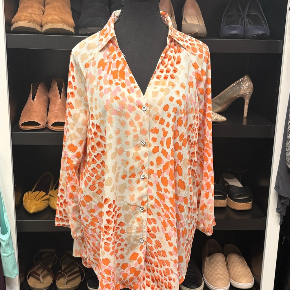 CAbi Vibrant Orange and Cream Button-Down Shirt